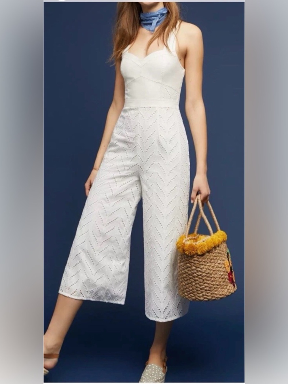 Anthropologie ett:twa Alice Eyelet Midi crop Jumpsuit ivory sleeveless size 0